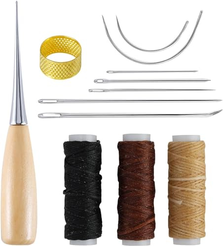 Hugfads Kit da Cucire in Pelle 12PCS - Aghi da Cucito a Mano Curvi con Punteruolo e Fili Cerati - Strumenti di Cucito per Pellicce, Tela, Riparazioni, Cuoio, Ricamo, Bookbinding - Fai da Te Creativo