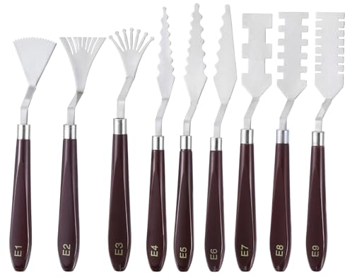 sourcing map 9pcs E1-E9 Painting Palette Knife Set Stainless Steel Art Spatula Painting Pallet Knives Scrapers Tools with Plastic Handle for Acrylic Oil Canvas Mixing Spreading