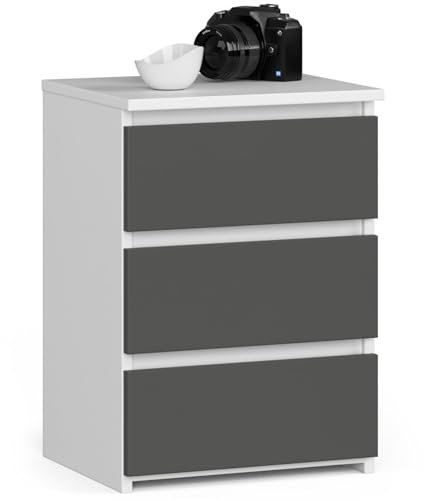 Kommode mit 3 Schubladen Kommode Schlafzimmer Flur Wohnzimmer Organizer Kommode mit Schubladen 40 cm breit 57 cm hoch | weiß-grau Holz Highboard Sideboard Mehrzweckschrank Schrank schmal