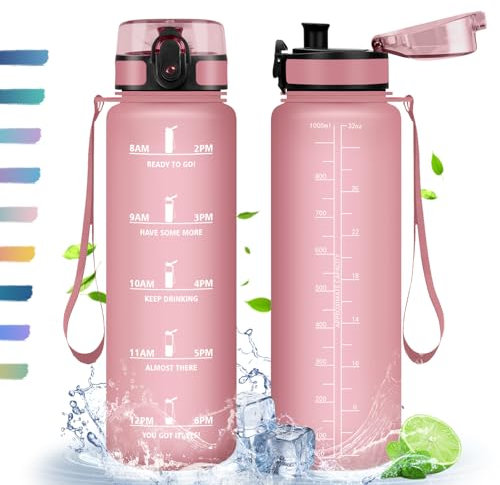 HoneyHolly Gourde, 1L, Gourde Sport, Gourde Filtre et Marqueur de Temps, Sans BPA, Bouteille d'eau pour Sport, Fitness, Yoga, L'école, Bureau