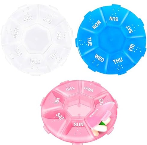 3 Pcs Pill Boxes 7 Day 1 Times a Day, Pill Organizer Round Tablet Organiser Travel Pill Box Portable Pill Dispenser 7 Day Tablet Organiser Medication Holder Compartments (Pink,Blue,White)