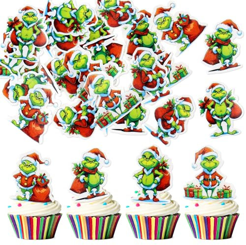 Blumomon 48Pcs Edible Grich Christmas Cupcake Toppers - Merry Christmas Cupcake Decorations for Birthday Party, Baby Shower, Cake Decorations
