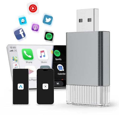 FEisca Carplay Inalámbrico Adaptador para iOS, Wireless Carplay Dongle,Plug & Play con actualización en línea, 5.8GHz WiFi, Convierte con Cable en Inalámbrico
