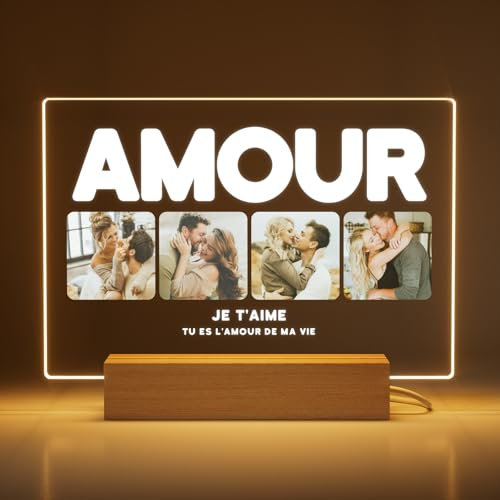 Greatminer Cadeau Personnalisé Amour avec Photo et Dédicace - Cadre Photo Personnalisé Couple - Cadeau Femme Homme Anniversaire Saint-Valentin - Verre Acrylique 18x14 cm avec Option de Socle LED