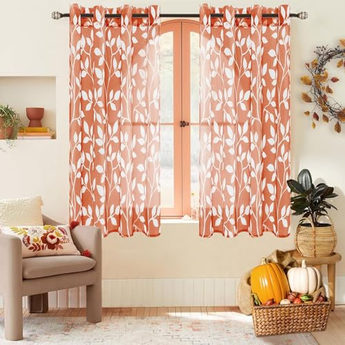 MRTREES Gardinen mit Ösen Transparent Wohnzimmer Modern Kurz Fenster 2er Set, 160 cm Lang, 140 cm Breit, Vorhang Orangerote Weißen Blätterdrucken Muster Vorhänge Schlafzimmer Kinderzimmer Küche
