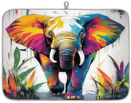 Abtropfmatte für Küchentheke, bunter Elefant, Vintage-Kunst, Ölgemälde, 61 x 45,7 cm, saugfähige Mikrofaser-Abtropfmatte, Kaffeebar-Matte