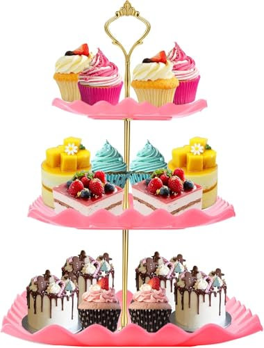 Dessert Cupcake Stand, 3 Tier Cup Cake Holder Tower with Plastic Tiered Serving Tray for Tea Party Birthday Wedding Place Cupcakes Donuts Fruits and More Food (Pink)