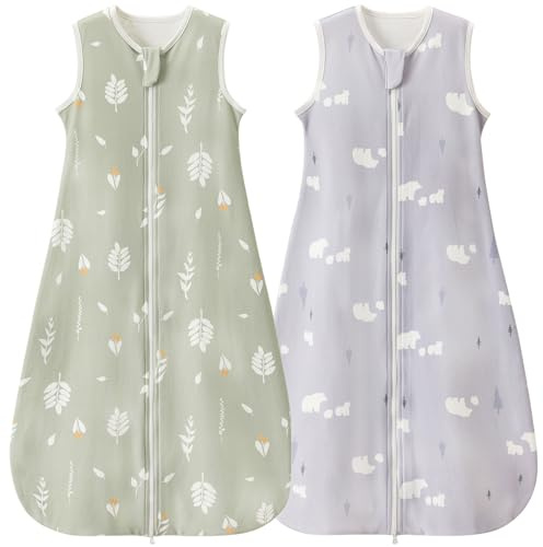 Nivolltha 2er Baby Schlafsack 1 TOG Baumwolle Blätter und Bären M | 100% Baumwolle Babyschlafsack, sanft zur Babyhaut, atmungsaktiv für angenehmen Schlaf im Frühling und Herbst, 6-18 Monate