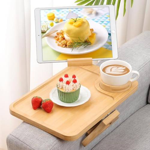 Sofatablett Armlehne Bambus Couch Tablett Faltbar Couch Getränkehalter Rutschfestes Sofa Armlehnentablett Sofa Tablett Sofatablett für Snacks, Handy, Steuerung, Tassen