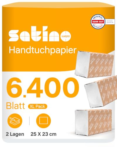 Satino – 6.400 Papierhandtücher – 2 lagig – 25 x 23 cm (gefaltet: 25 x 11,5 cm) – ZZ-Falz/V-Falz - saugstark & fusselfrei - Handtuchpapier aus Recyclingpapier - Papiertücher für PT3 & H3 – Papier