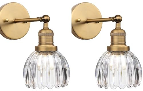 Pathson Set de 2 Applique Murale Intérieure, Abat-jour en Verre Tulipes Applique Salle de Bain Vintage E27 Luminaire pour Salon Chambre Cuisine (Laiton Antique 2PCS)