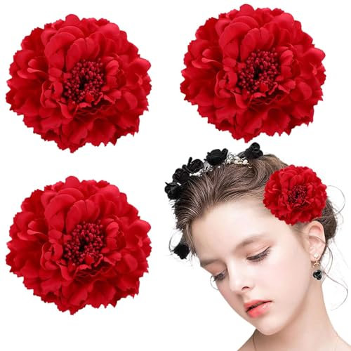 AOOTUERL 3 Pcs Flor Flamenca Pelo para, Horquillas de Peonía Rojo Flamenco Novia Mujer Niña para Fiestas Sevillana Boda