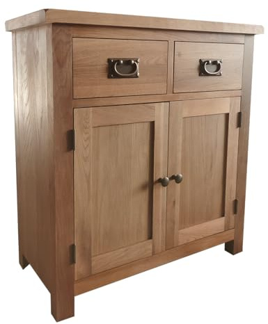 Home Furniture Group Ltd Oakcroft Rustic Mini Sideboard – Solid Wood 2 Door 2 Drawer Storage Cabinet – Fully Assembled 75cm Wide Unit for Hallway, Living Room or Kitchen