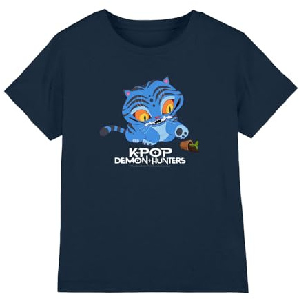 Kpop Demon Hunters Unisex Kids K-pop Demon Hunters - Cute Derpy Tiger Cartoon Kids T Shirt, Navy T-Shirt (Pack of 1)