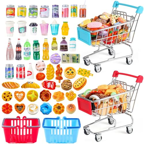 Miniatur Essen und Trinken, Miniatur Lebensmittel Spielzeug Set, 1:12 Puppenhaus Zubehör Wichtel Zubehör Küche, Puppenzubehör mit Miniatur Brot Kuchen Einkaufswagen, Einkaufskorb, Spielgeld Euro