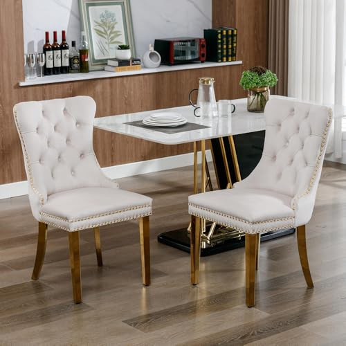 Ensemble de 2 chaises de salle à manger contemporaines en bois massif capitonné Chaises de salle à manger rembourrées en velours avec pieds en acier inoxydable plaqué or et garniture à clous (Beige)