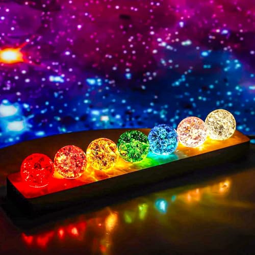 7 Farbige Kristallkugel Nachtlicht mit LED Holzsockel,Aufladen über USB | Eis Riss Glaskugel Lampe 40mm,Buntes Chakra Kugeln für Meditation Wohnzimmer Schlafzimmer Deko Geschenk