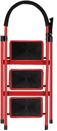 Trittleiter, 3 Stufen, faltbar, zusammenklappbar, Belastung 180 kg – Arbeitsplattform, rutschfest und bequem, rutschfeste Stufen im Mosaik-Design, 104 x 57 x 41,5 cm – 3 Stufen (Rot)