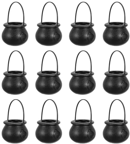 12 Schwarze Halloween Süßigkeiteneimer aus Kunststoff für Süßes | Geeignet für Partytische, Dekorationen, Münzen und Sammlerstücke, Gruseliges Zubehör für Feierlichkeiten und Geschenke
