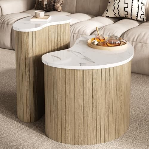 FammyLoft Couchtisch mit Marmormaserung, Coffee Table mit Geschwungenes Design, Moderner Kaffeetisch Flexibel Kombinieren, Sofatisch, Wohnzimmertisch, für Living Room, Natur