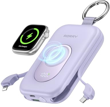 RORRY CharmGo Portable Charger, 20000mAh PD 30W Fas Charging Power Bank | Built-in 2 Cables, Portable Charger Keychain Portable Battery Pack, Travel Essentials for iPhone, Apple Watch, iPad,Purple