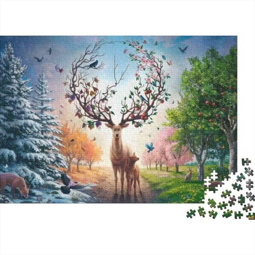 Magischer Hirschwald 1000 Teile Puzzle und Kinder Schöne Aussicht Vier Jahreszeiten Hirsch Deko Puzzle Entspannendes Puzzlespiel für Männer und Frauen Herausforderndes Puzzle 52x38cm/1000pcs