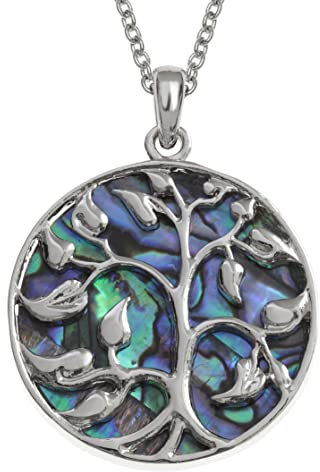 Kiara Jewellery - Collana reversibile con ciondolo a forma di albero della vita celtico intarsiato su entrambi i lati con conchiglia di abalone verde bluastro, catenina da 46cm