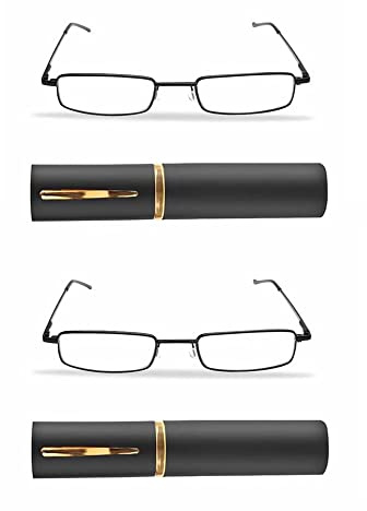 KAIBSEN® 2 Pack Portable Pocket Slim Reading Brille - Lightweight Unisex Edelstahl Rahmen Harz Lesebrille/Slim Pen Clip Tube Case