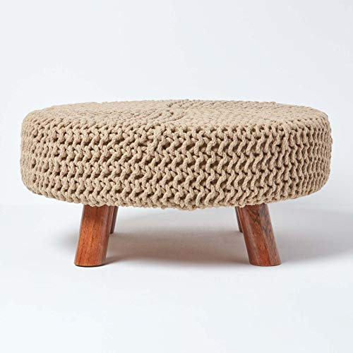 HOMESCAPES Linen Knitted Pouffe Footstool Occasional Seat 100% Cotton for Living Room Children or the Elderly