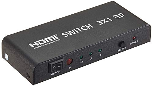 PremiumCord HDMI Umschalter 3:1 mit Fernbedienung und Netzteil, Metallgehäuse, Switch mit LED Status, Video Auflösung Full HD 1080p 60Hz, 3D, HDCP, Farbe schwarz