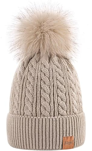 Alepo Womens Winter Beanie Hat, Warm Fleece Lined Knitted Soft Ski Cuff Cap with Pom Pom(Beige)
