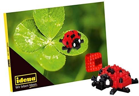 Idena 40154 - Postkarte Marienkäfer mit einem 3D Modellbauset mit 49 Original Brixies Minibausteinen, Schwierigkeitsgrad 1, Grußkarte oder Mitbringsel für Kinder und Erwachsene