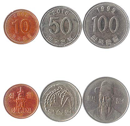 Juego de 3 Monedas de Corea del Sur: 10, 50, 100 Won. 1982-2019