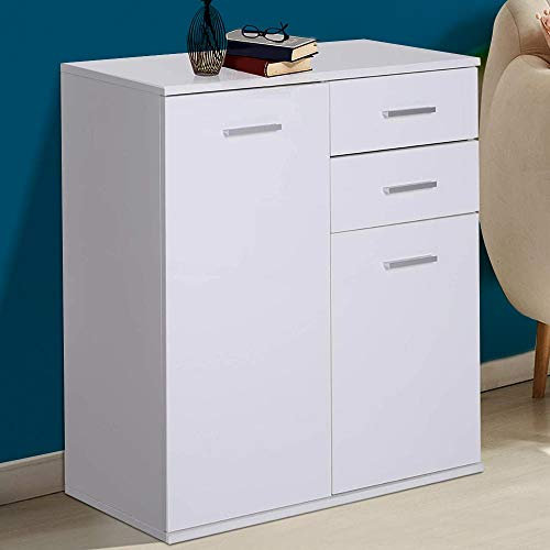 BAKAJI Mobile Madia con 2 Cassetti Doppia Anta e 2 Ripiani Interni Mobiletto Credenza Armadio Multiuso Cucina Bagno Ufficio Design Moderno in Legno MDF Bianco Dimensione 71 x 35 x 76 cm