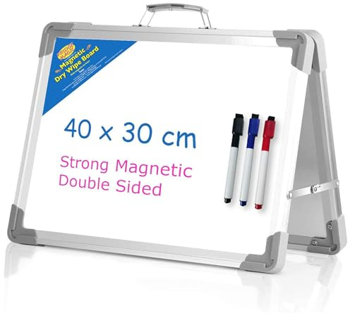 Compact Desk Whiteboard - Double-Sided Magnetic Folding Easel Board - 40 x 30cm - Includes 3 Pens - Ideal for Home & Office