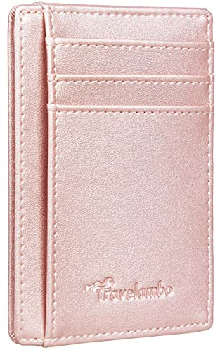 Travelambo Portefeuille fin minimaliste en cuir avec poche avant bloquant les RFID, taille moyenne, rose gold, Minimaliste