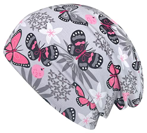 Wollhuhn ÖKO Mädchen Bequeme Weiche Mütze/Beanie-Mütze/Strickmütze/Kindermütze Ganzjährig (aus Öko-Stoffen, Bio) 20160510 (M, Schmetterlinge Grau-Rosa)