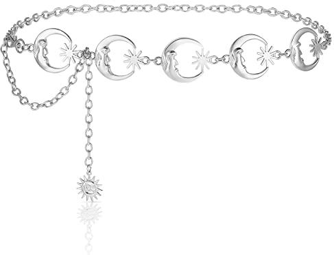 Geyoga Taillenkette Gürtel Körper Kette Damen Kettengürtel Mehrere Mond Sonne O Ring Kette Taillengürtel Gotische Hüftkette Vintage Schmuck für Jeans Kleider (Silber)