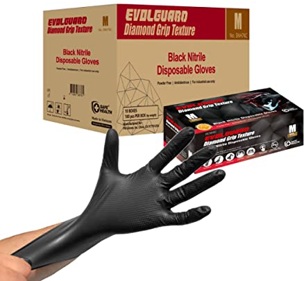 Safe Health Guanti monouso in Nitrile Neri Taglia M, Testurizzati a Diamante, 5,5 Mil Spessore Maggiore, 1000 pezzi, Senza polvere Senza Lattice, Resistente a Olio, Auto, Meccanico, Manutenzione