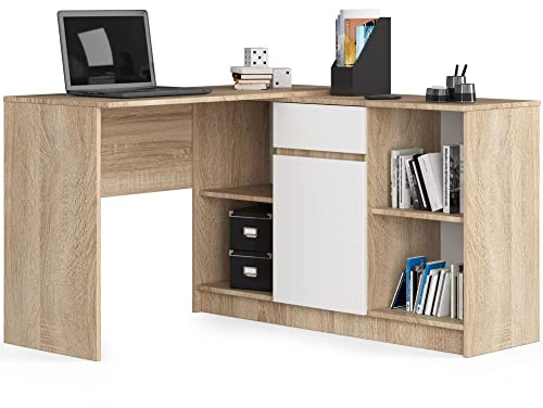 AKORD Eck-Schreibtisch B-17, 2-in-1 Kombination Schreibtisch + Kommode mit 1 Schublade, 1 Ablagefach mit Tür und 2 offenen Ablagen | B120 x H79/77 x T126, 68 kg | Sonome Eiche & Weiß Front
