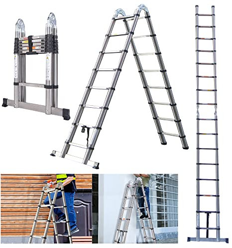 Heavy Duty Telescoping Ladder 3.8m, Folding Telescopic Ladder Extendable 12 Steps, Can Be Straight Or A-Frame Ladder, EN131 Certification, 150KG Capacity