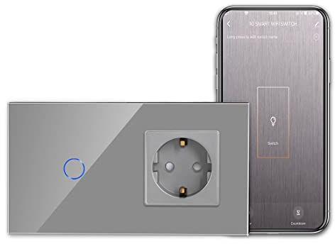 CNBINGO Smart Touchschalter mit Schuko Steckdose unterputz mit Glasrahmen, WLAN Lichtschalter Arbeit mit Alexa, Google Assistant, Wandschalter einfach in Grau, Neutralleiter Wird Benötigt