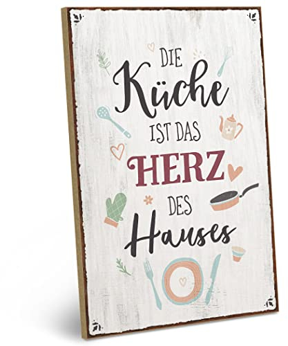 ARTFAVES® Wandbild Holzschild mit Spruch - Die Küche ist das Herz des Hauses - Türschild Retro Vintage Deko Bild Geschenk - Küche Sprüche