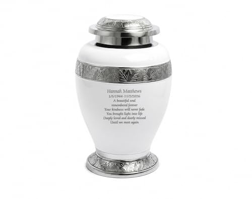 Aluminium Cremation Urn for Human Ashes – Adult Large Size Funeral Memorial Keepsake – Secure and Dignified Resting Place Holds Approx. 90kg or 14 Stone Body Ashes (Personalised- White and silver)