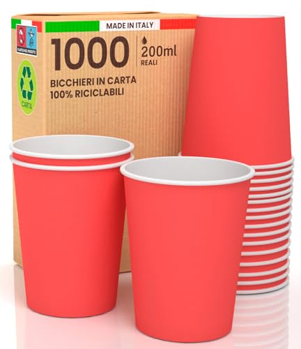 1000 vasos de papel de 200 ml, ecológicos, biodegradables, desechables, fabricados en Italia, para llevar bebidas calientes, agua, de colores rojos, fabricados y envasados en Italia