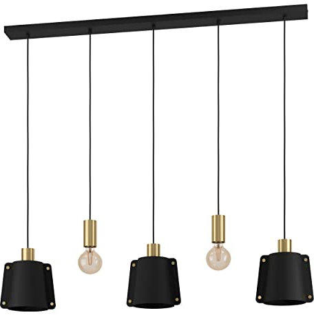 EGLO Hängelampe Majagua, Pendelleuchte Esstisch 5-flammig, Esszimmerlampe mit 3 Lampenschirmen und 2 sichtbaren E27 Fassungen, Hängeleuchte aus Metall in Schwarz und Messing