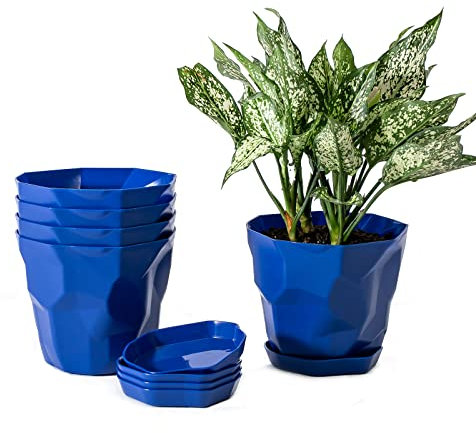 LIBOOI Macetas de plástico de 17 cm, paquete de 5, macetas medianas con orificio de drenaje y platillo, macetas clásicas para interiores y exteriores para orquídeas, lirio de la paz, planta de