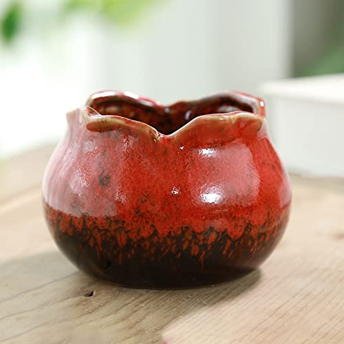 Walbest Mini pot de fleurs décoratif en céramique avec trou de drainage, pour plantes grasses d'intérieur et d'extérieur, 10,2 cm, rouge