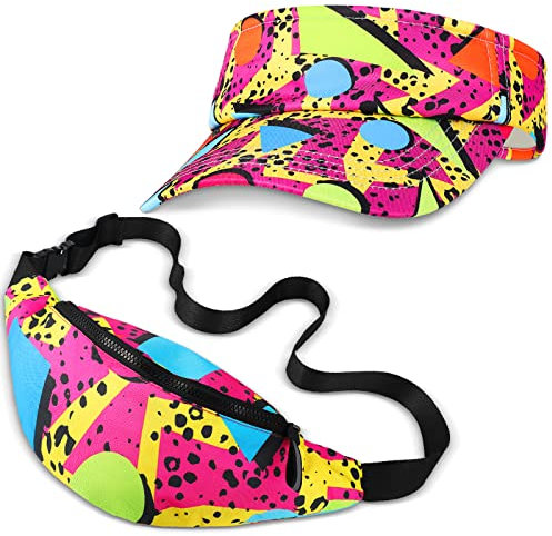 Mepase 2 Pcs 80s 90s Fanny Pack Sports Sun Visor Hat Set 1 Waist Bag for Men 1 Cotton Tennis Visors for Women Retro Outfit, As Shown in the Picture, Vibrant