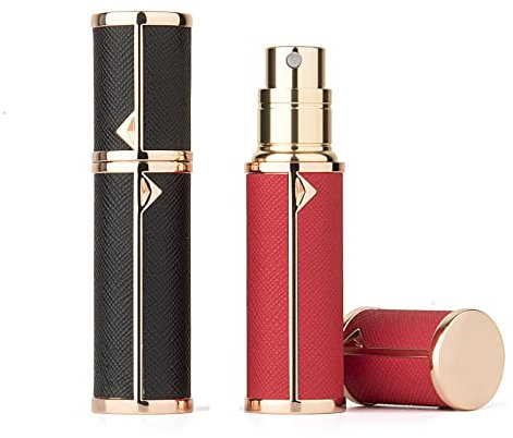 Atomizzatore riutilizzabile per bottiglie di profumo da viaggio, 2 pezzi, 5 ml, spray per profumo vuoto, mini custodia di ricarica in pelle, per uomo e donna (2 pezzi nero+rosso)